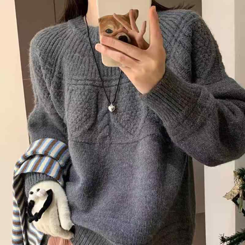 ニット トップス 女性用 韓国 クリスマス 雰囲気 ヘビーゲージ フィット セーター 秋冬 厚手 針織 ショート丈 幅広 ベーシック 暖か 柔らか コットン混 長袖 プルオーバー レイヤード コーデ