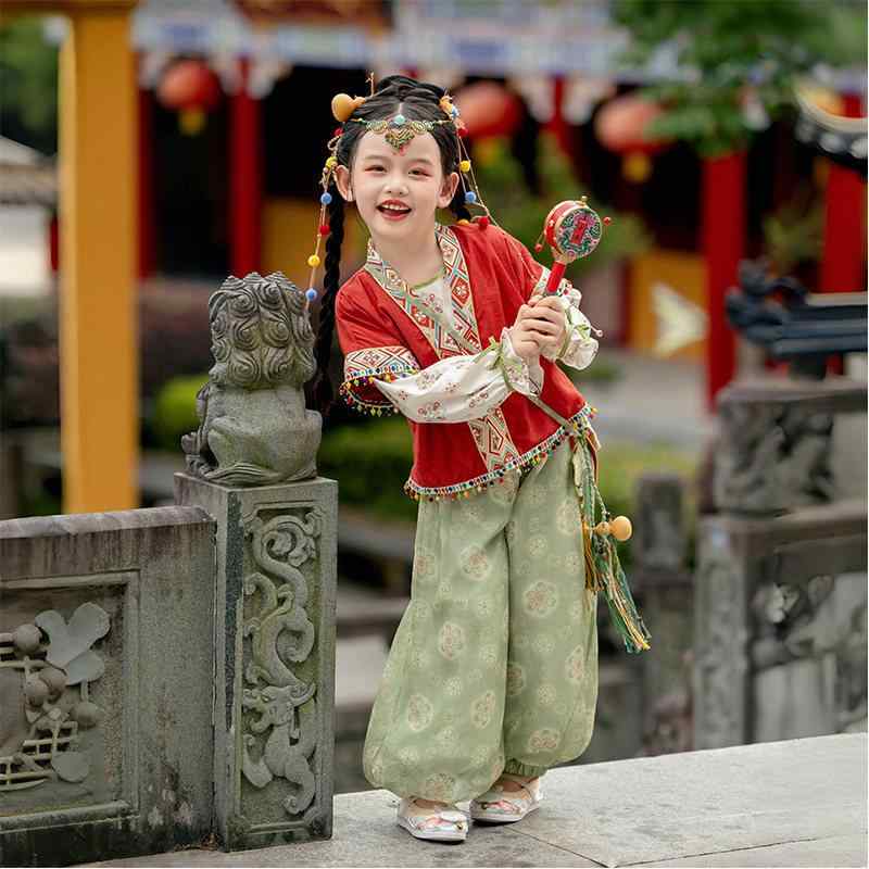 Other - 女児 漢服 3点セット 秋 祭り パフォーマンス衣装 古風 チベット風 異域風情 パンツスタイル かわいい 伝統 中国風 イベント ステージ ダンス デザイン