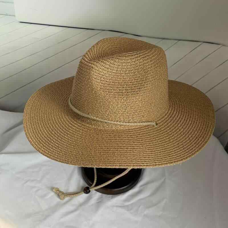 草帽（straw hat） - 麦わら帽子 春夏 ビーチ リゾート カジュアル ワイドブリム 紐付き 草編み パナマハット 旅行用 アウトドア 日焼け防止 UVカット 軽量 通気性