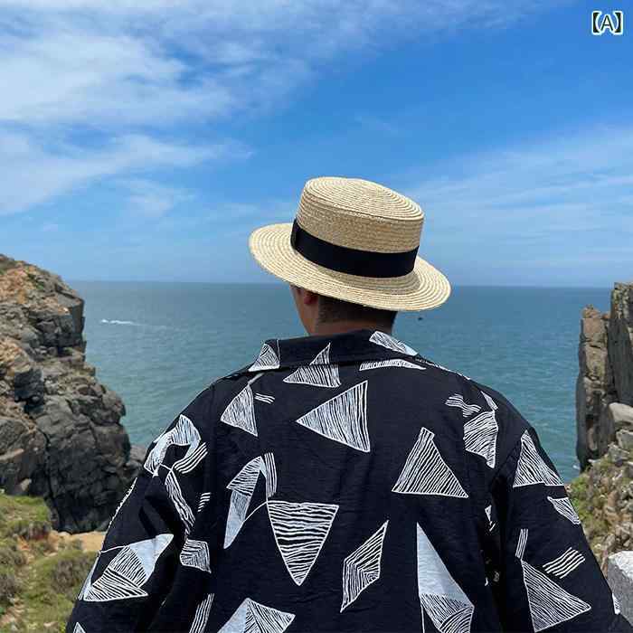 麦わら帽子 メンズ レディース 夏 爽やか 平頂 海辺 ビーチ 日常使い 百搭 UVカット 英国風 平縁 軽量 通気性 素材