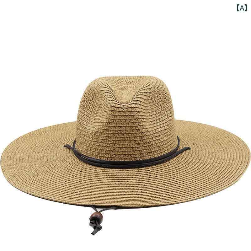 麦わら帽子 春夏 紙編み パナマスタイル 平つば 防風紐 UVカット 日焼け防止 ビーチハット カウボーイ風 アウトドア 軽量 遮陽 沙浜用 自然素材 涼しい 夏向け ハット ストローハット