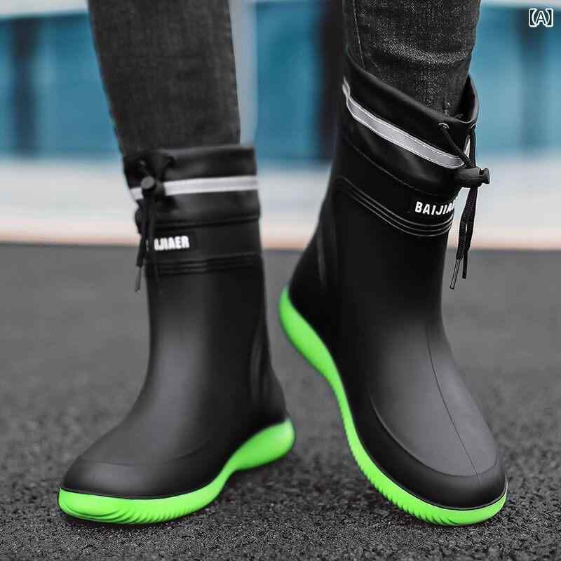 雨靴 男性用 秋冬 長筒 防水 滑り止め ゴム製 ミッドカット 釣り用 家用 洗車用 厨房用 作業靴 室内外対応 耐久性