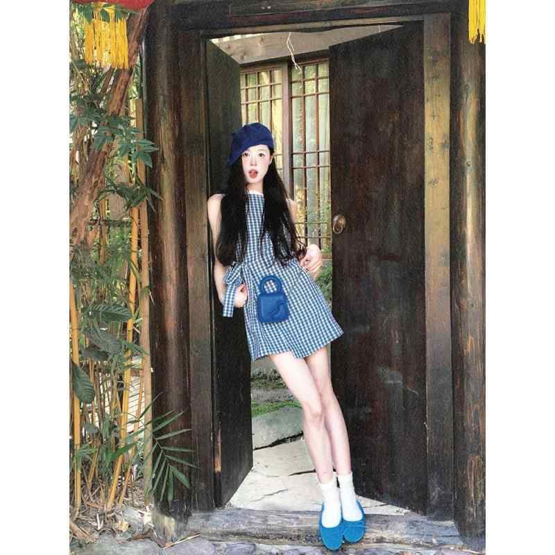 ノースリーブ ワンピース 女性用 性 夏 綿 素材 ハイウエスト シルエット ブルー チェック柄 無袖 コットン 軽量 吸湿速乾 背中 開き タイ 結び 蝶結び 短め ロングスカート キャミワンピース 膝上丈 コットン 夏服 爽やか 涼しい 通勤