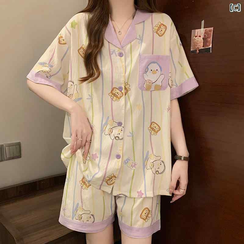 婦人服 薄手 パジャマ 女性用 パジャマ 夏 スイート ストライプ 半袖 ショート パ...