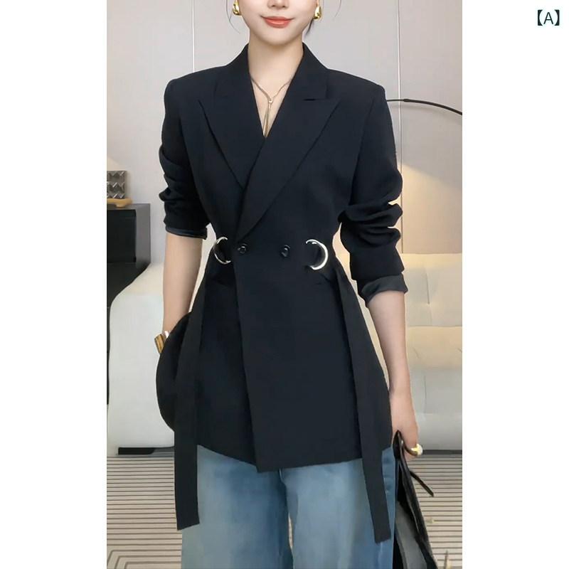 リバーパディのレディース ジャケット 高級感 小柄向け 韓国 カジュアル スーツ ベルト付き 春 軽量 伸縮性 ブラック ピンク系｜アングル2