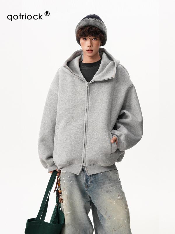 秋 ユニセックス フード付き ゆったり パーカー ダブルジッパー 開き カーディガン カジュアル アウター ストリート スタイル 軽量 厚手 普段使い