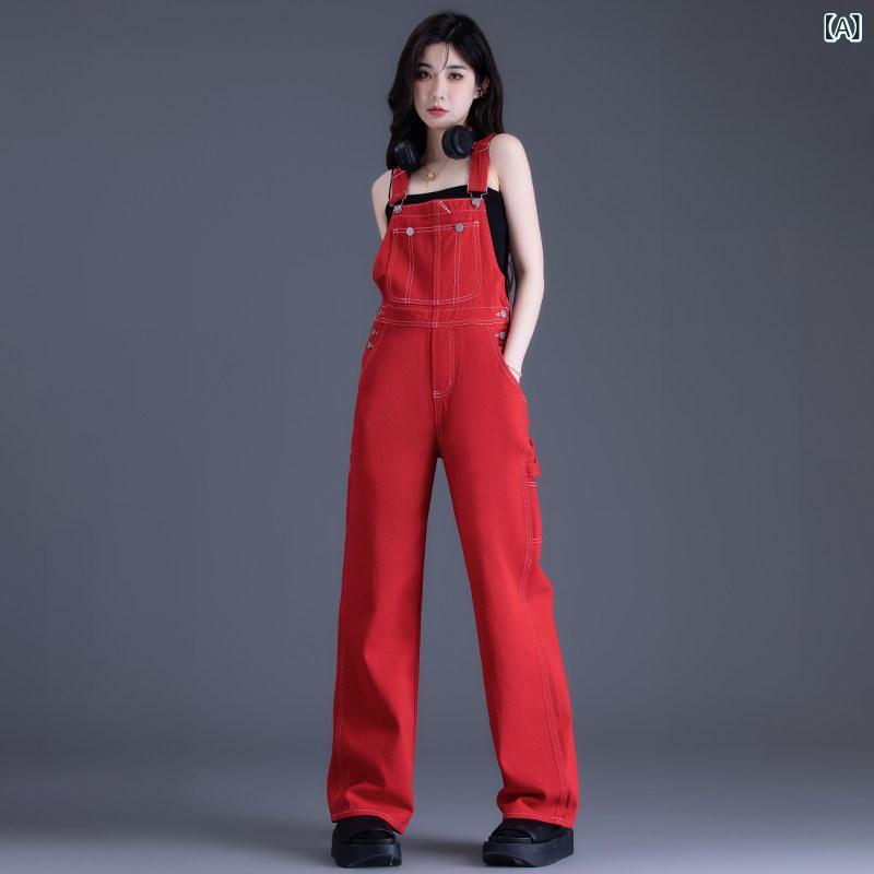 オーバーオール 女性用 デニム 赤 春秋 小柄対応 ストレート ワイドレッグ ワークスタイル カジュアル 普段使い 伸縮性 軽量