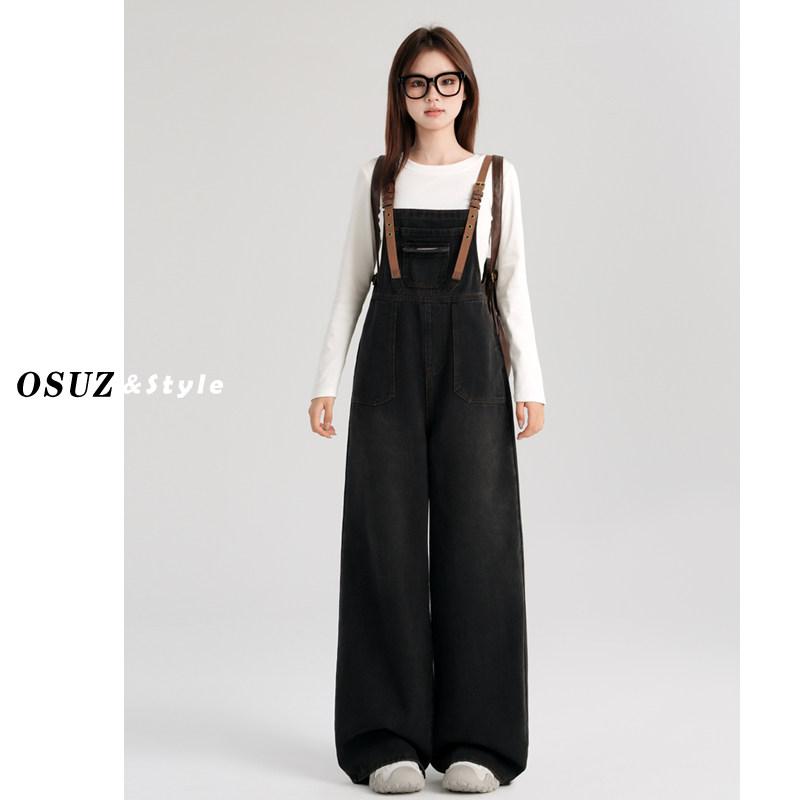 レディース デニム オールインワン ブラック ゆったり ワイドレッグ ストレート 春夏 ワーク風 ロング丈 リラックスフィット コーディネート ベーシック デニム素材