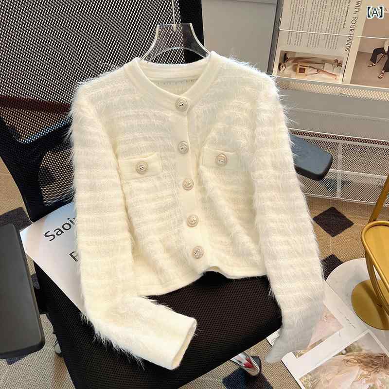 乐天商城 - レディース 秋 ニット カーディガン ショート丈 毛糸 セーター アウター フレンチスタイル 柔らかい 暖かみ 軽量 普段使い 通勤 コーディネート