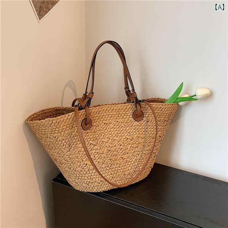 Handbag Type - かごバッグ バスケット かわいい ストロー バッグ レディース 編み 野菜 バスケット大容量 通勤 トートバッグ 夏 スタイル 海辺 旅行 バケーション ビーチ