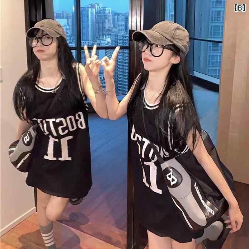 バスケスタイル レディース ミドル 丈 Tシャツ アメカジ カジュアル ノースリーブ キャミソール レディース 夏 アウター 綿 バスケットボール トップス