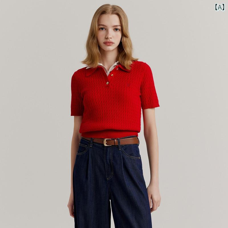 乐天商城 - レディース ニット セーター 【 Cotton Ice】 エランド イリアン 半袖 レディースニット Tシャツ ケーブル セーター POLO 夏 スタイル