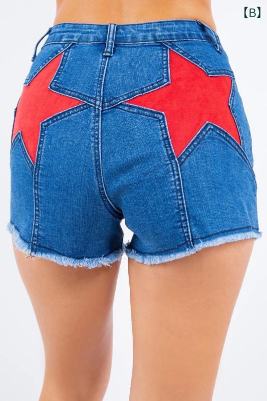 レディース デニム ショートパンツ ホットパンツ 春夏 セクシー 切り替え 星柄 ハイウエスト 軽量 通気性 吸湿速乾 ブルー ピンク系 アイボリー 普段使い アウトドア ビッグシルエット ストレッチ カジュアル riverpaddy-11335232 リバーパディ サンプル画像3
