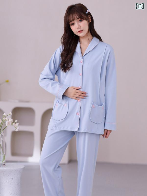 マタニティ服 女性用 春夏 開襟 綿素材 授乳機能 産前産後 ゆったり大サイズ 薄手 寝間着 セット 軽量 柔らかい 伸縮性 吸湿速乾 授乳口付き 部屋着 通勤用 普段使い 3