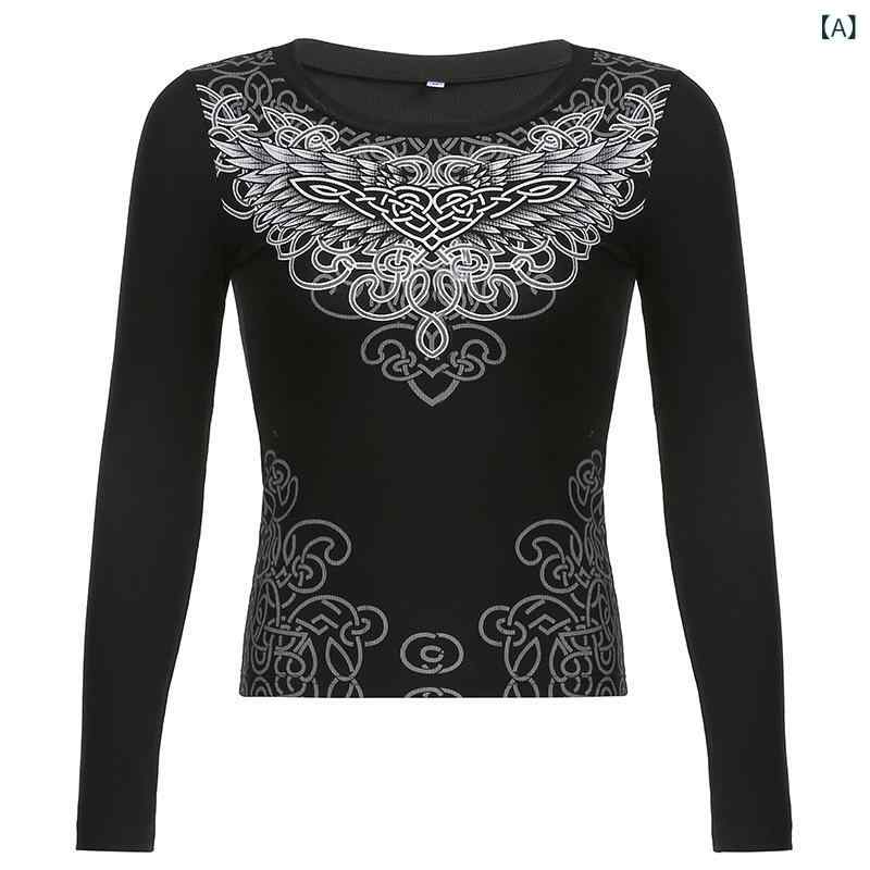 レディース トップス かわいい ハート ウイング プリント ニット ラウンドネック 修身 スリムフィット ブラック 長袖 Tシャツ 伸縮性 吸湿速乾 普段使い 通勤用 カジュアルスタイル 再生繊維 秋冬