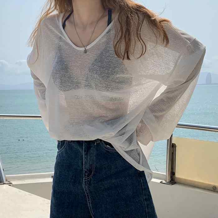 Three-Quarter - 長袖 防晒 トップス 女性用 夏 接触冷感 透け感 軽量 薄手 綿混 伸縮性 吸湿速乾 カジュアル 普段使い アウトドア ブラック ホワイト ピンク系 通勤 通学 学生向け