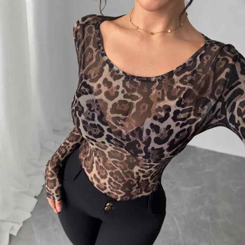 レディース トップス 長袖 丸首 修身 シースルー 網纱 ハイストレッチ ヒョウ柄 セクシー 辣妹 フィット 透け感 インナー かわいい ブラウス シャツ 秋冬 普段使い