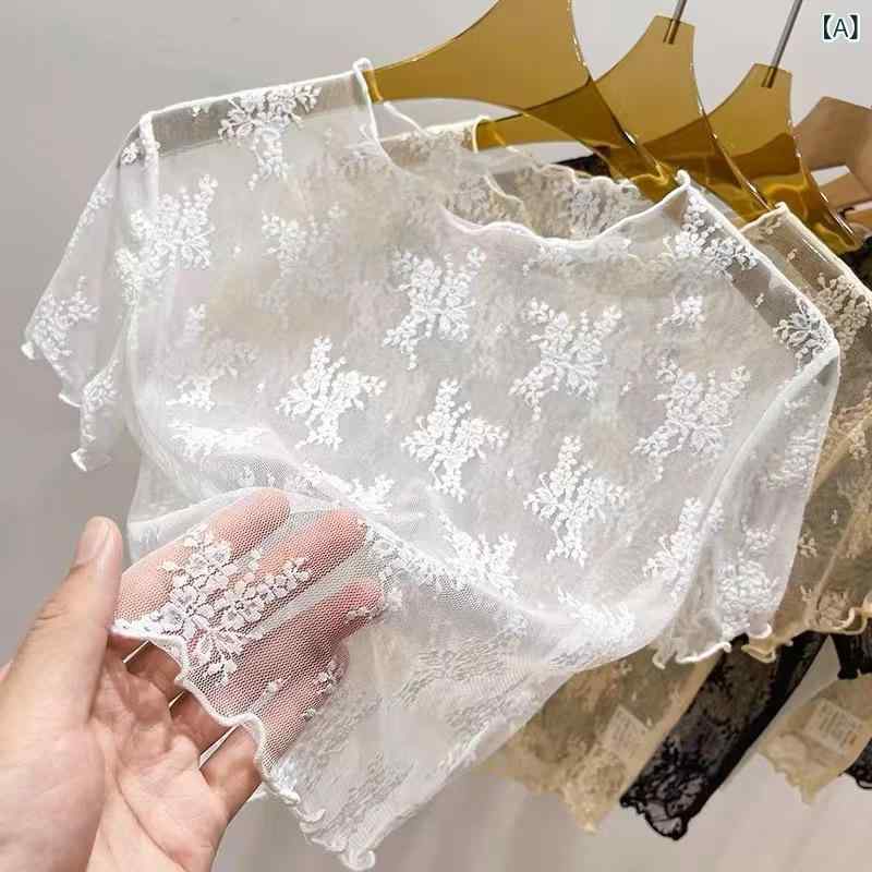 女性用 春夏 トップス 透け感 レース インナー 薄手 吊り帯 スカート 内側 ショートスリーブ ティーシャツ フリル 刺繍 レース ニット 見え感 シースルー 透視 メッシュ 網目 袖なし ノースリーブ 軽量 通気性 吸湿速乾 接触冷感 綿混 再生繊維