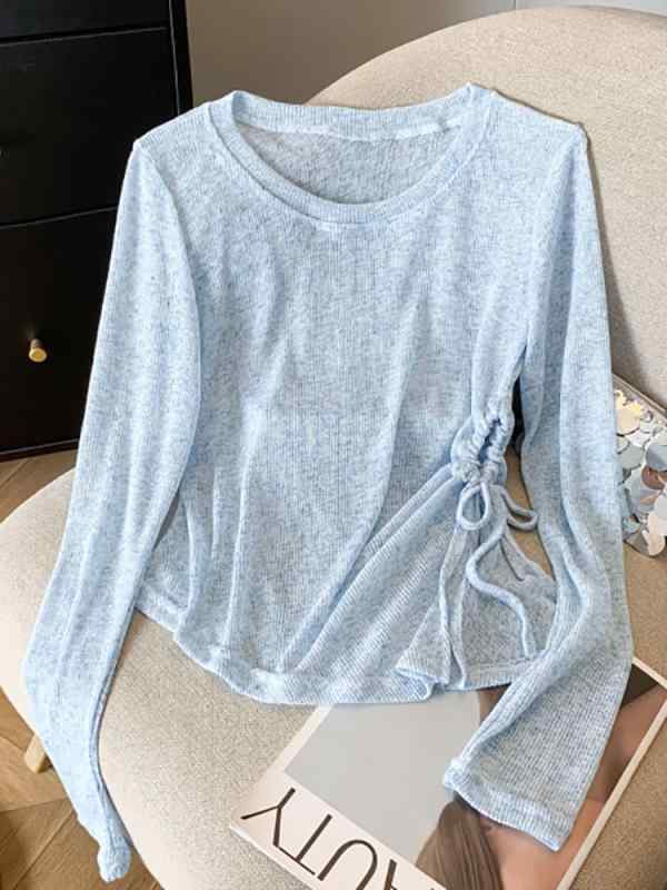 Garments - トップス 女性用 春秋 秋冬 丸首 薄手 長袖 透け感 プリーツ 別注 防晒 軽量 吸湿速乾 コットン混 切り替え カジュアル 普段使い ブラック グレー ピンク系