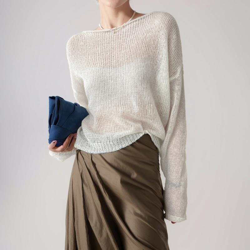 ニット トップス レディース 春夏 韓国 カジュアル 廓形 薄手 長袖 セットイン 見え見え シンプル ベーシック 百搭 コットン混 伸縮性 軽量 通勤 普段使い デイリー ブラック グレー ベージュ アイボリー ピンク系