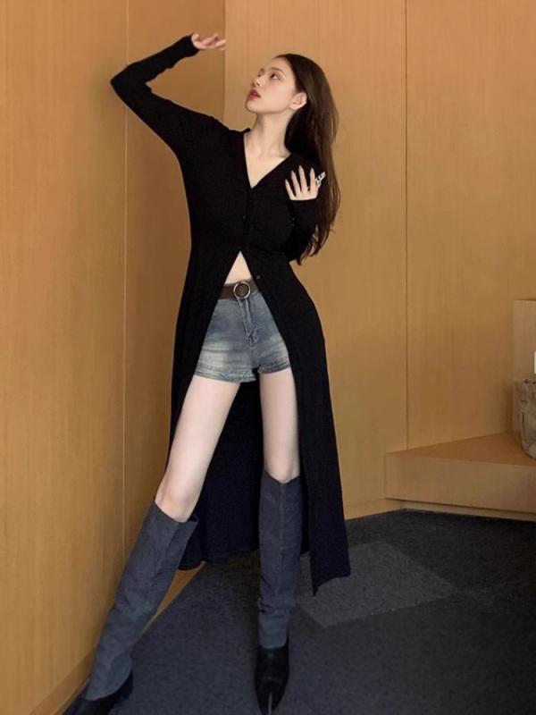 コート 女性用 早春 長袖 薄手 性 個性派 ブラック Vネック ロング丈 外套 開襟上衣 軽量 伸縮性 吸湿速乾 高級感 綿混 ハイネック カジュアルスタイル 春夏 通勤用 普段使い アウトドア