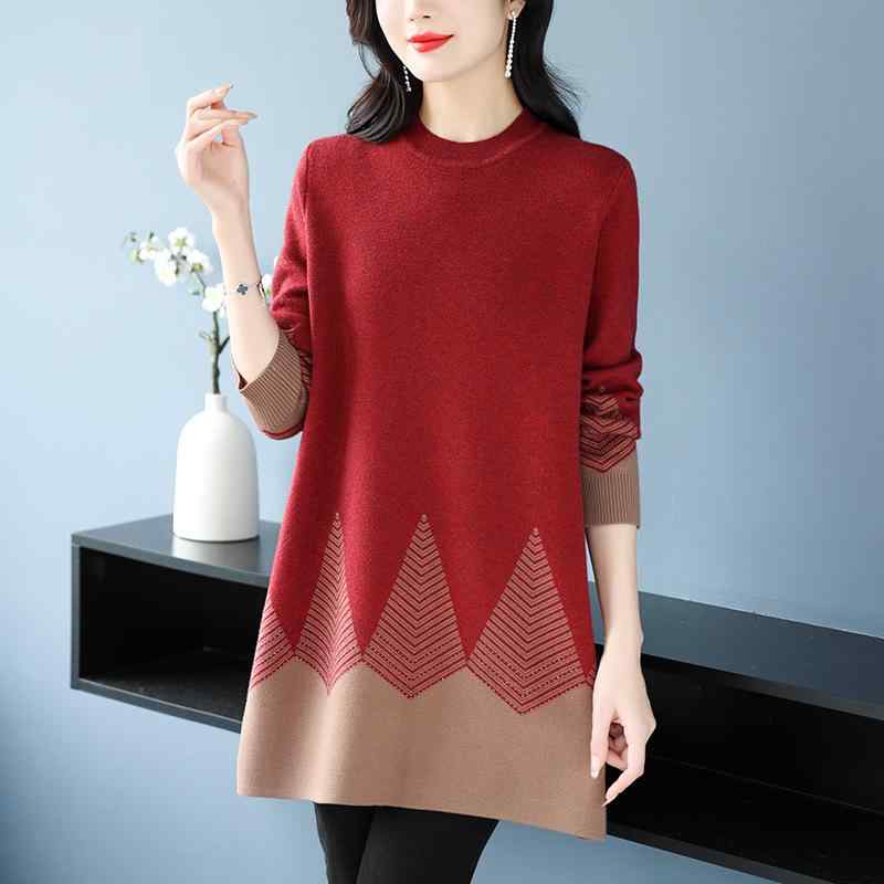 セーター ミドル 女性用 秋冬 切り替え 中長 長さ インナー トップス ゆったり 大きいサイズ 女性服 aライン シルエット ニット スカート 風 暖か 素材 コットン 混 ゆったり フィット 普段使い トップス レイヤード コーデ ベーシ