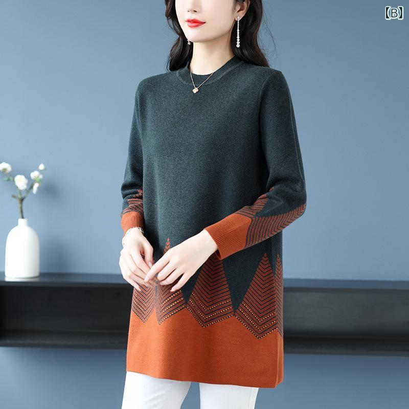 セーター ミドル 女性用 秋冬 切り替え 中長 長さ インナー トップス ゆったり 大きいサイズ 女性服 aライン シルエット ニット スカート 風 暖か 素材 コットン 混 ゆったり フィット 普段使い トップス レイヤード コーデ ベーシ