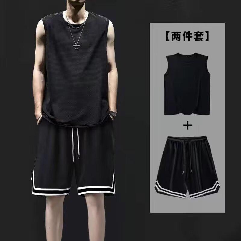 Pants - メンズ バスケットボール ウェア 夏用 接触冷感 薄手 速乾 タンクトップ ショーツ 痞帅 ファッション カジュアル スポーツ セット 吸湿速乾 軽量 ストレッチ ブラック グレー ブルー 通勤 普段使い アウトドア