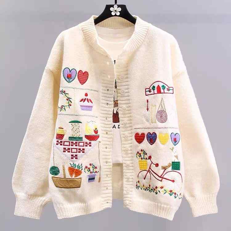 ニットカーディガン レディース 秋冬 学院風 刺繍 毛糸 ワイドシルエット 復古 ゆったりカジュアル 暖かアウター ニットトップス 長袖 切り替え 軽量 吸湿性 柔らかい素材 ベーシックスタイル コーディネートしやすい 日常使い