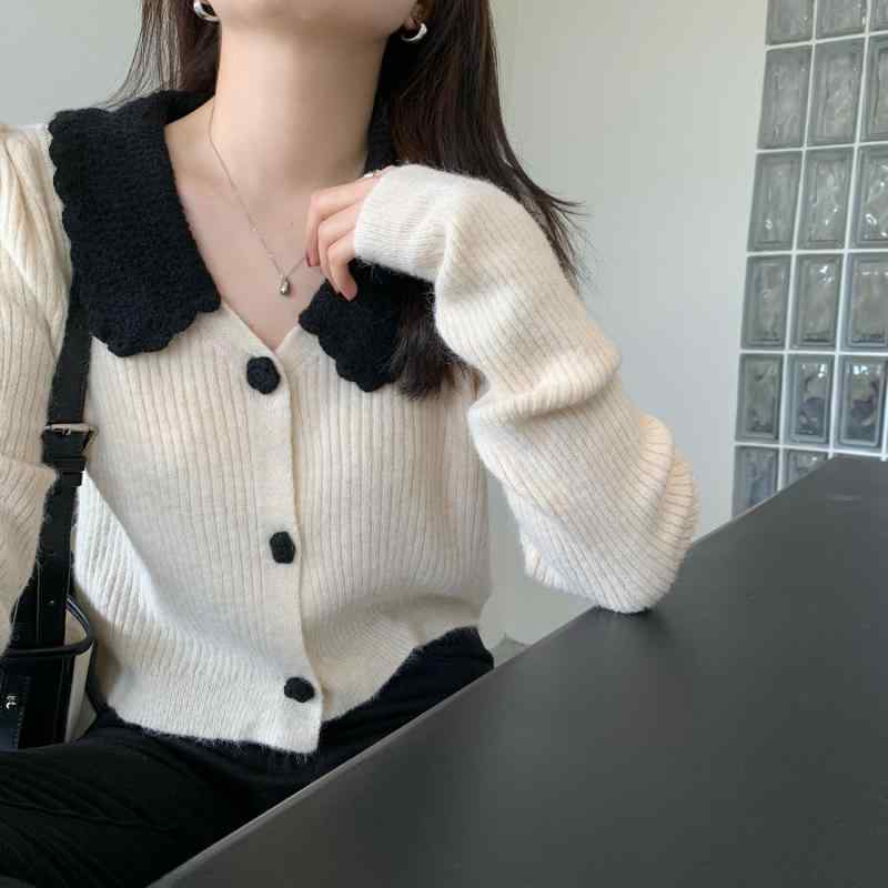 乐天商城 - カーディガン レディース 秋冬 復古風 ソフト 優しい 杏色 短め ニット 長袖 トップス 切り替え 暖か素材 ゆったりシルエット 普段使い