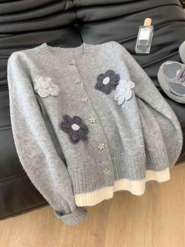 ニットカーディガン 女性用 秋冬 ゆったりシルエット 刺繍 花柄 厚手 切り替え コットン混 暖か 長袖 トップス ゆったり ロング丈 部屋着 通勤用 普段使い