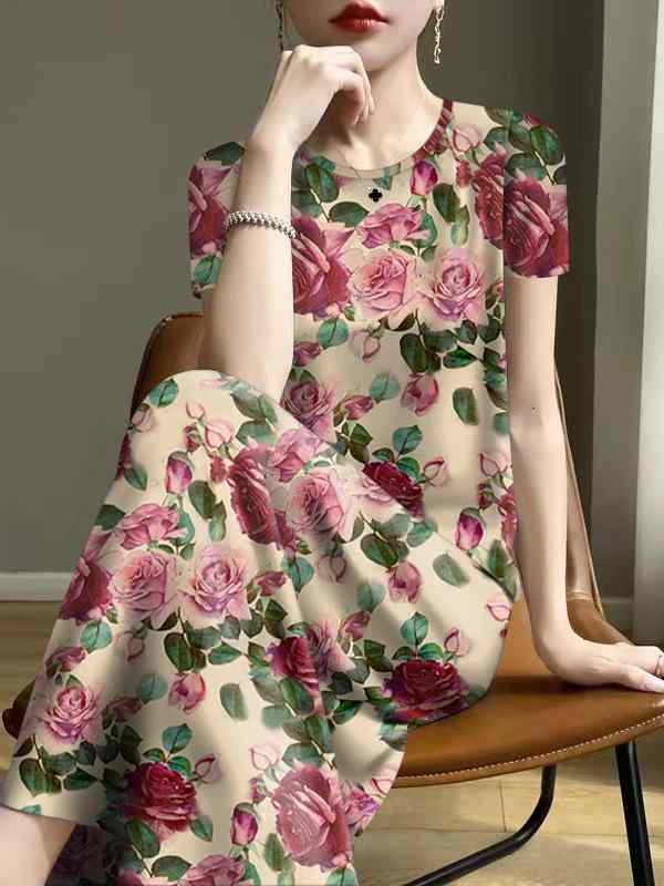 ワンピース レディース 春夏 減齢 短袖 花柄 切り替え ゆったり シルエット 遮腹 母親用 綿混 素材 軽量 吸湿速乾 通勤 普段使い かわいい ピンク系 ブラック アイボリー