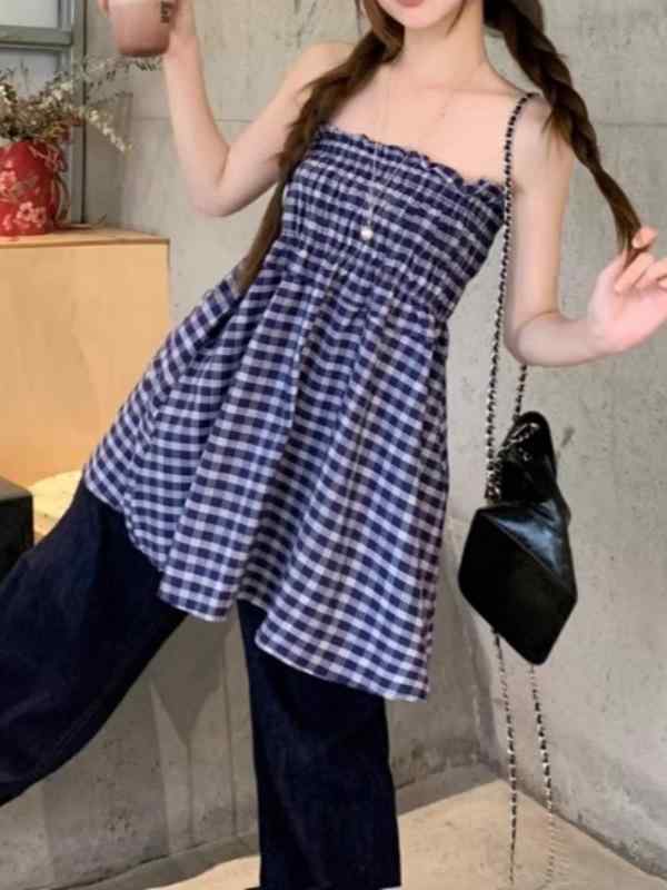 レディース 抹胸 ワンピース かわいい チェック柄 春夏 女性用 トップス 切り替え 軽量 コットン混 紡績素材 収腰 Aライン スカート 短め シルエット 日常使い デート スタイル 爽やか コーディネート フェミニン ガール