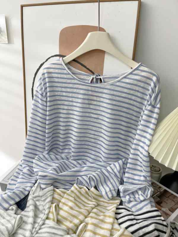 樂天商城 - Tシャツ レディース 春夏 薄手 丸首 長袖 ゆったり ストライプ スリムフィット 防晒 軽量 吸湿速乾 綿混 トップス 上衣 カジュアル 普段使い アウトドア ブラック ホワイト グレー ピンク系 アイボリー ビッグシルエット Vネック 再生繊維 接触