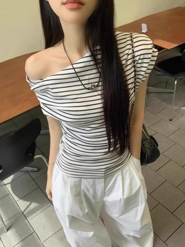 Other - トップス レディース 斜め肩 短袖 Tシャツ 春夏 かわいい 修身 スリム フィット 肩出し 条紋 パターン 学生服 普段使い 軽量 綿素材 吸湿速乾 ビッグシルエット Vネック ブラック ピンク系