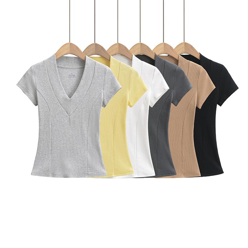 レディース トップス 深Vネック 短袖Tシャツ 色 ウエストイン 肩正位 インナー スリム効果 打底シャツ 上衣 綿素材 伸縮性 普段使い 通勤用 ブラック ピンク系 アイボリー 春夏