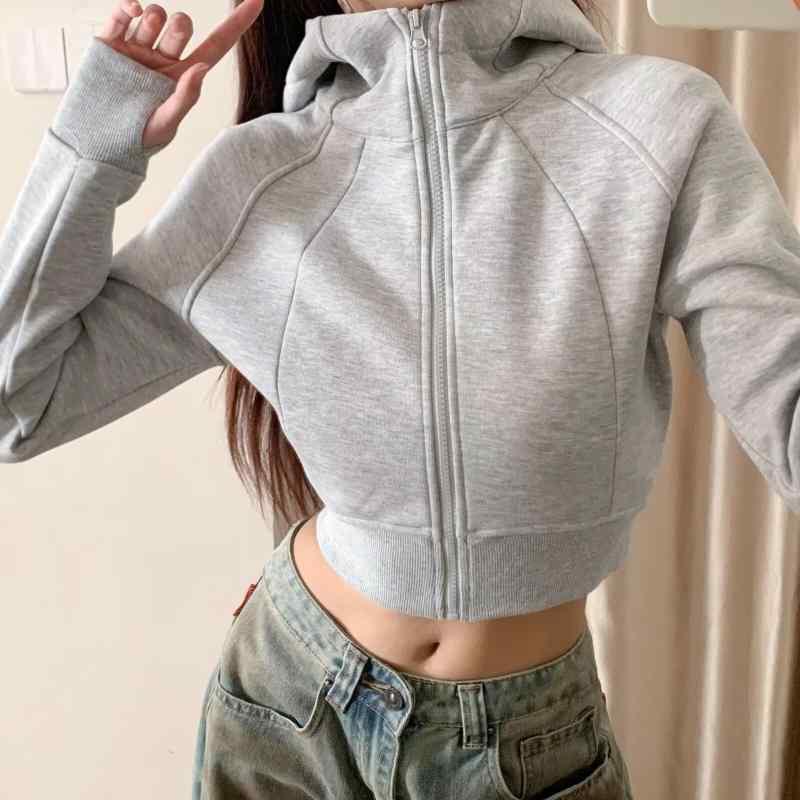 秋冬 女性用 フーディ 長袖 パーカー 短丈 シンプル 高腰 ゴム ウエスト ジップアップ 開き ジャケット 厚手 暖か コットン 混 素材 伸縮性 吸湿速乾 普段使い 通勤 コーディネート ブラック グレー ネイビー