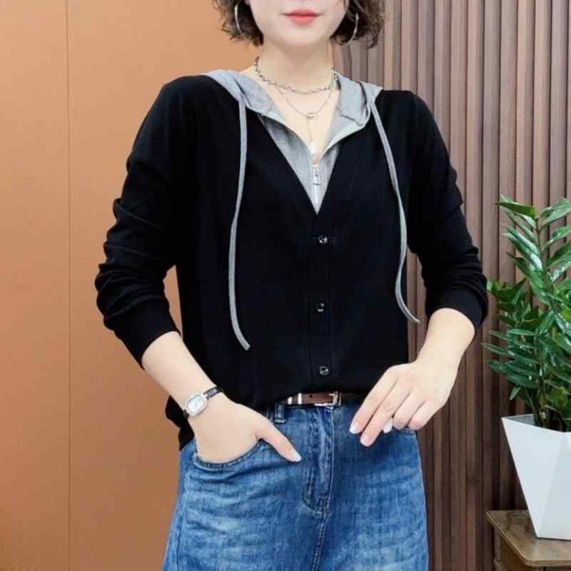 パーカー 女性用 春夏 半袖 切り替え フェイクツーピース フード付き コットン混 フランネル素材 ゆったりシルエット スリム効果 普段使い 百搭 トップス カジュアル コーディネート 軽量 伸縮性 吸湿速乾 通勤 外出 部屋着 対応 ブラック グレ