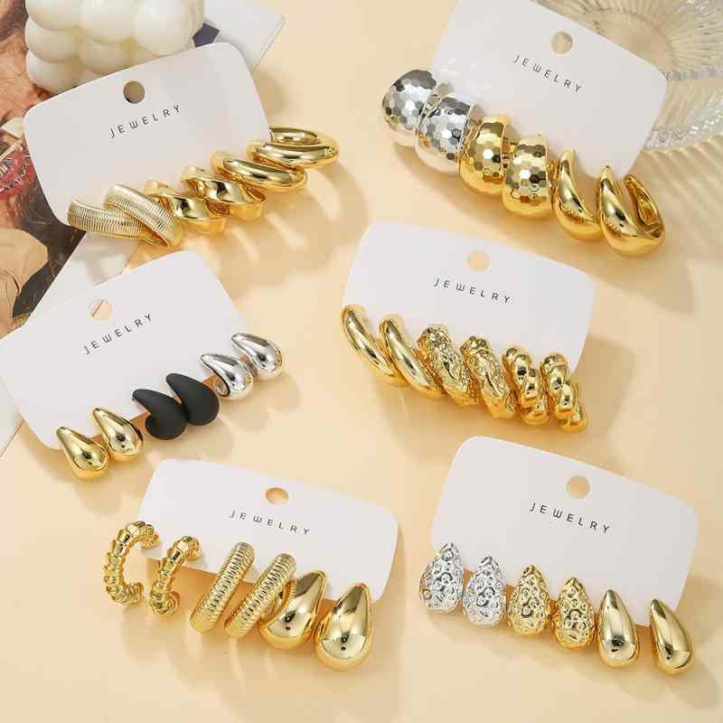 Cubic Zirconia - イヤリング セット 女性用 ファッション 派手 大ぶり C型 ねじり 水滴 3組 組み合わせ アクセサリー シルバー ゴールド 華やか 普段使い ギフト 軽量 合金 素材 春夏 秋冬 通年
