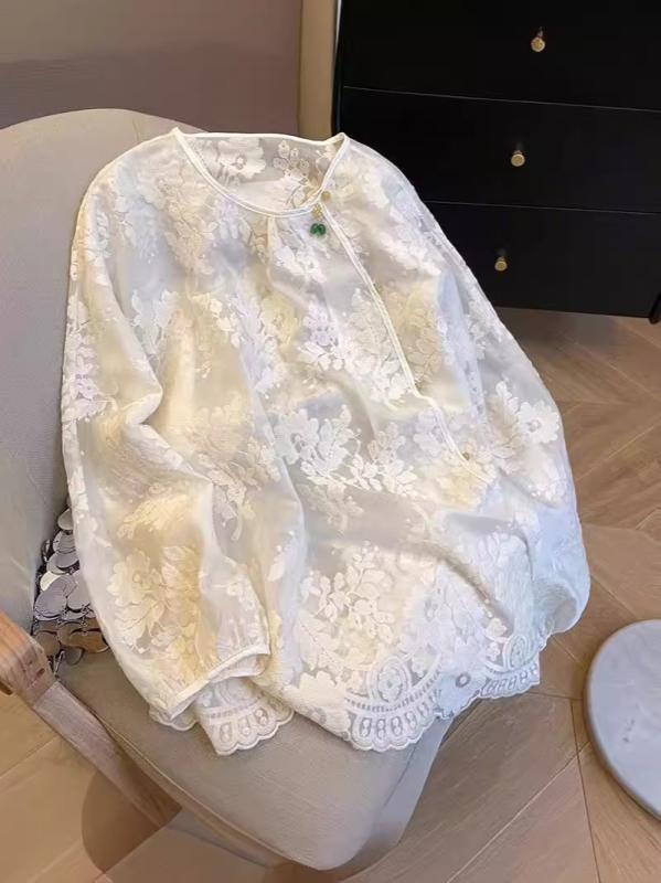 Other - レディース 春夏 シャツ トップス 復古風 斜めボタン 提花 雪紡 軽量 通勤用 普段使い 再生繊維 切り替え ビッグシルエット ブラウス かわいい 伸縮性 吸湿速乾 高級感 ピンク系 アイボリー
