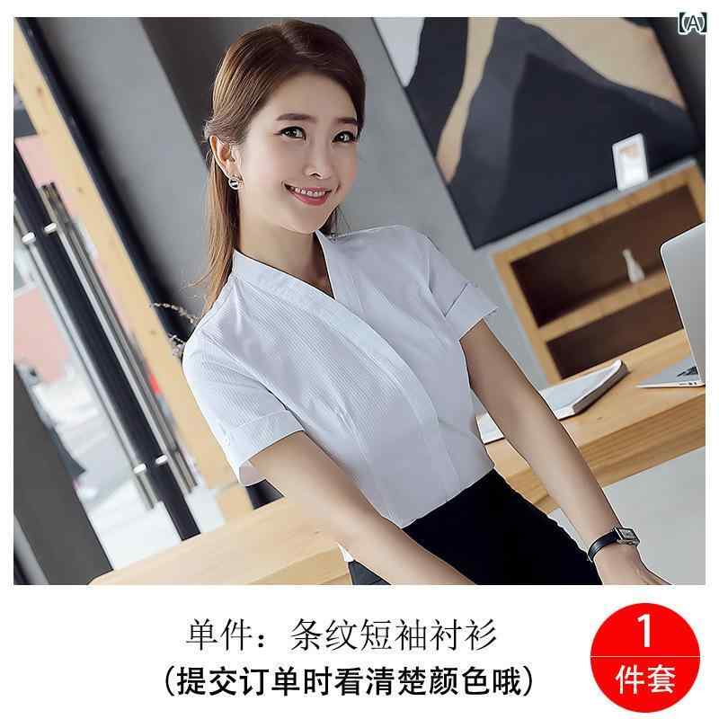Other - 空乗務員 制服 女性用 秋季 トップス Vネック 長袖 無領 シャツ ブラウス 通勤用 仕事着 軽量 綿素材 吸湿速乾 伸縮性 ホワイト アイボリー 秋冬 ビジネスカジュアル