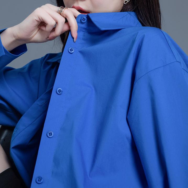 樂天商城 - レディース ブルー シャツ トップス 秋冬 性 ファッション ゆったり 女性用 上着 長袖 軽量 綿混 接触冷感 ネックライン 袖口 切り替え 日常使い カジュアル スタイル