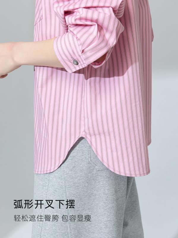Other - シャツ 女性用 ピンク系 ストライプ 春夏 ロングスリーブ トップス ゆったりシルエット スリムライン レイヤード インナー 普段使い 綿混 吸湿速乾 カジュアル