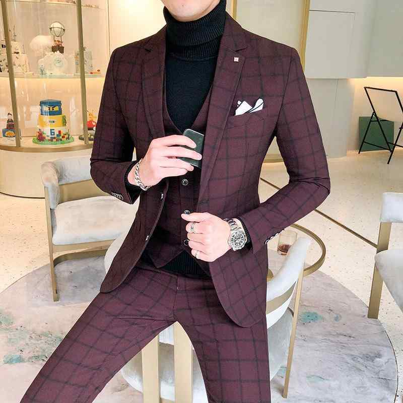 メンズ スーツ セット 西装 礼服 パーティー用 結婚式用 格子柄 ビジネス フォーマル 3点セット ウール混 ストレッチ スリムフィット ..