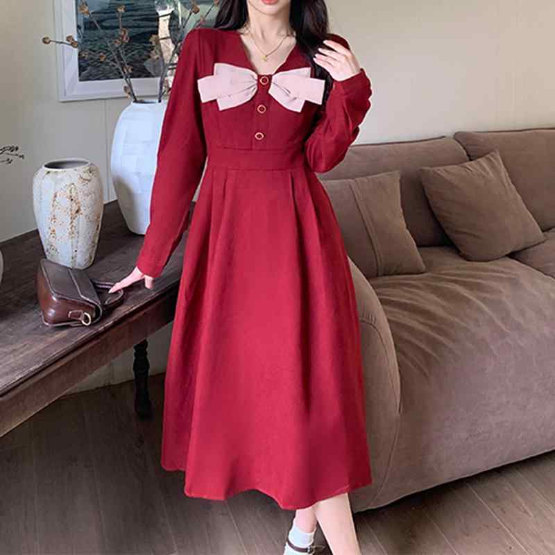 Rakuten - 秋冬 ロングドレス レディース 長袖 蝶結び Vネック ハリウッド ゆったり ウエスト切り替え スリムライン Aライン ロング丈 シルク調素材 伸縮性 吸湿速乾 ブラック グレー ベージュ 秋冬 普段使い 通勤用