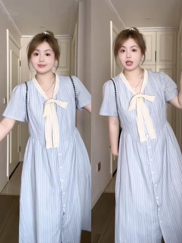 夏 レディース ワンピース フレンチスタイル 縦ストライプ 蝶結び ゆったり 大きめサイズ 体型カバー シャツロング フィット 軽やか シ..