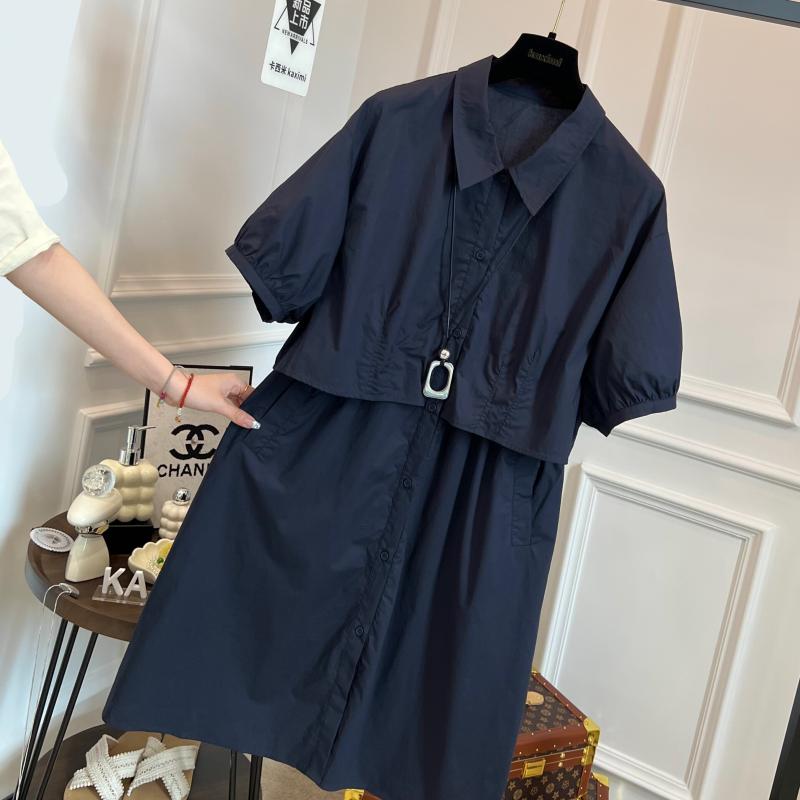 夏 レディース カジュアル ワンピース フェイクツーピース シャツドレス ゆったり 細見え シルエット ワークスタイル 欧風 高級感 軽量..