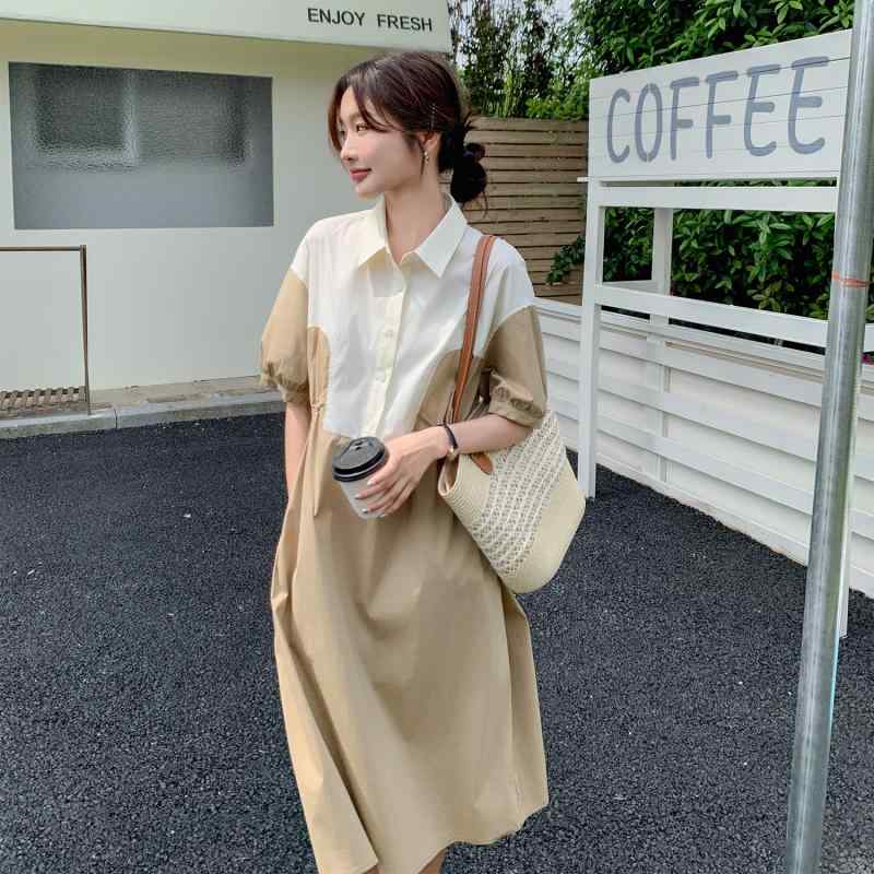 ワンピース レディース 夏用 大サイズ ゆったり 妊婦 マタニティ ぽっちゃり対応 スリム見せ お腹カバー カーキ色 切り替え 収腰 ウエストシェイプ 中長丈 フィット 通勤 普段使い