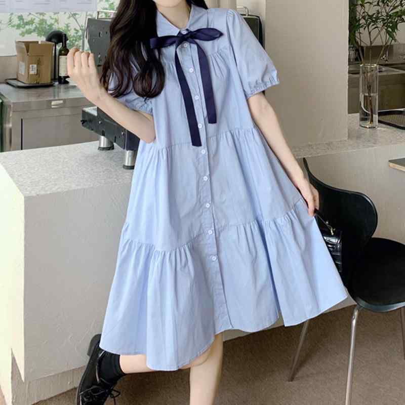 ワンピース レディース 韓国 ゆったり 大きいサイズ 夏用 お腹カバー ぽっちゃり対応 スリム見せ 学院風 中長丈 カジュアル 普段使い