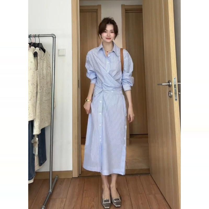 ワンピース レディース 長袖 ブルー ストライプ フレンチスタイル シャツ 夏用 軽やか 涼しい 普段使い エレガント トップス ドレス 爽やか